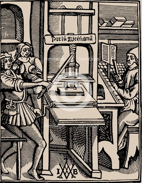 Prelum Ascensianum: printer's device with the printing press at work, 1508. Creator: Badius (Badius Ascensius), Jodocus (1462-1535).