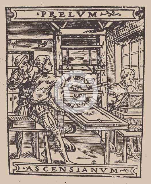 Prelum Ascensianum: printer's device with the printing press at work, First quarter of 16th cen. Creator: Anonymous.