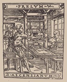Prelum Ascensianum: printer's device with the printing press at work, First quarter of 16th cen. Creator: Anonymous