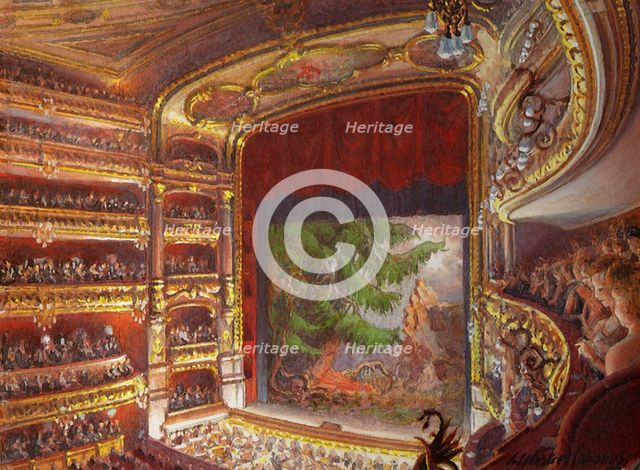 Premiere of the opera Walküre, act III, at the Gran Teatre del Liceu, Barcelona, 1899.