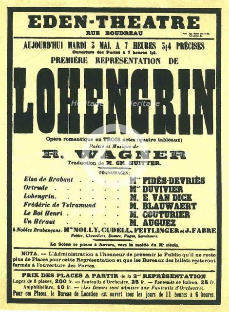 Premiere Poster for the opera Lohengrin by Richard Wagner in the Éden Théâtre, Paris, 1887.