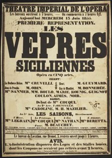 Premiere Poster for the opera Les Vêpres siciliennes by Giuseppe Verdi in Théâtre impérial de l'Opér