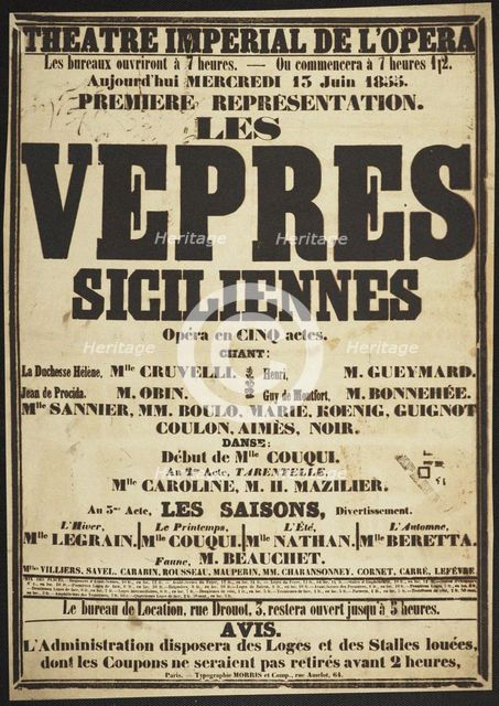 Premiere Poster for the opera Les Vêpres siciliennes by Giuseppe Verdi in Théâtre impérial de l'Opér