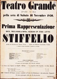 Premiere Poster for the opera Stiffelio by Giuseppe Verdi in Teatro Grande, Trieste, 1850