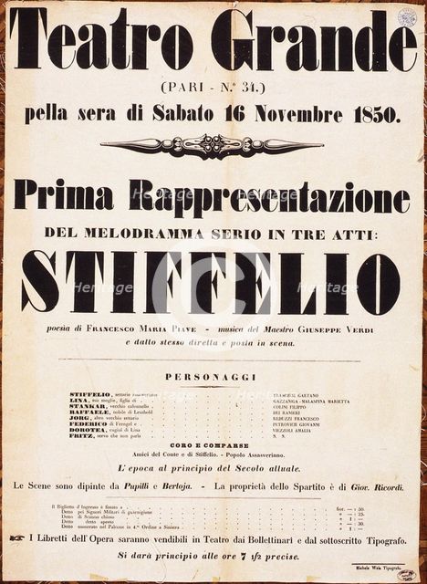 Premiere Poster for the opera Stiffelio by Giuseppe Verdi in Teatro Grande, Trieste, 1850.