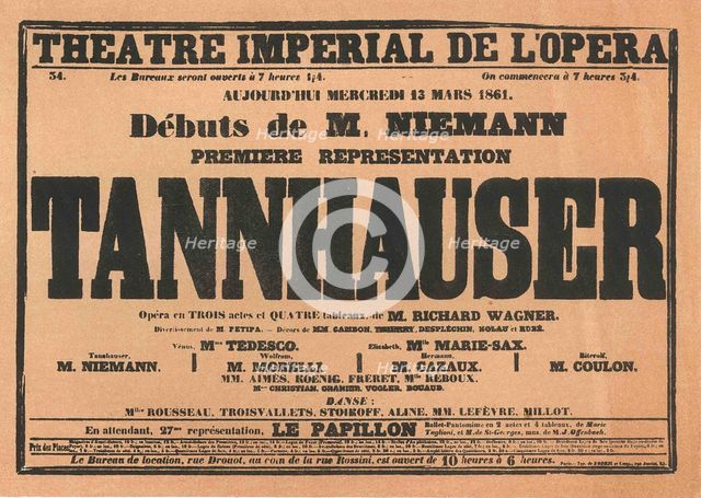 Premiere Poster for the opera Tannhäuser by Richard Wagner in the Opéra de Paris, 1861.