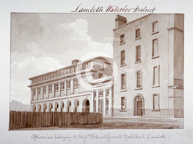 Premises belonging to builders Peto and Grissell in York Road, Lambeth, London, 1828. Artist: John Buckler