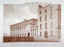 Premises belonging to builders Peto and Grissell in York Road, Lambeth, London, 1828. Artist: John Buckler