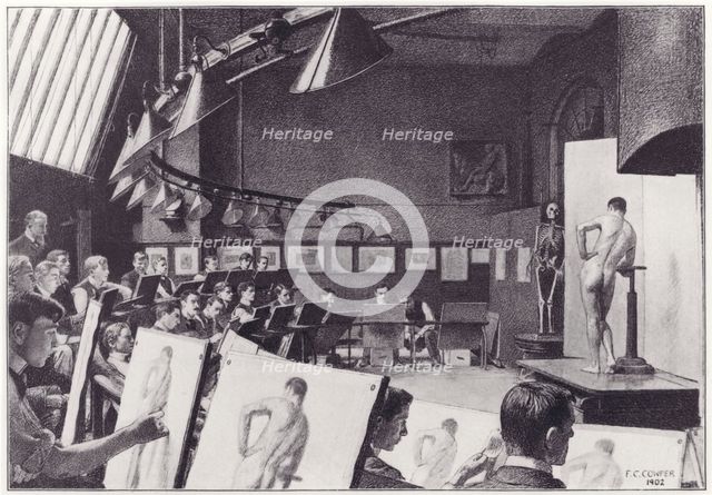 'Present-day life class of the Royal Academy', 1902. Creator: Frank Cadogan Cowper.