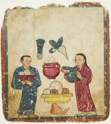 Presentation of Offerings, from a Set of Initiation Cards (Tsakali), 14th/15th century. Creator: Unknown