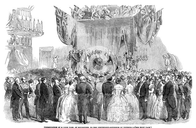 'Presentation of a gold vase, at Melbourne, to the Lieutenant Governor of Victoria', 1854. Artist: Unknown