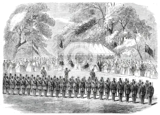 Presentation of a silver bugle by Lady Duff Gordon to the 6th Surrey (Esher) Volunteer..., 1860. Creator: Unknown.