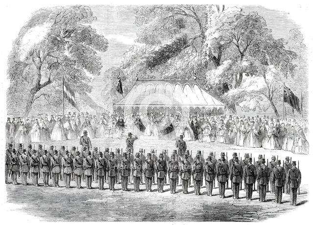Presentation of a silver bugle by Lady Duff Gordon to the 6th Surrey (Esher) Volunteer..., 1860. Creator: Unknown.