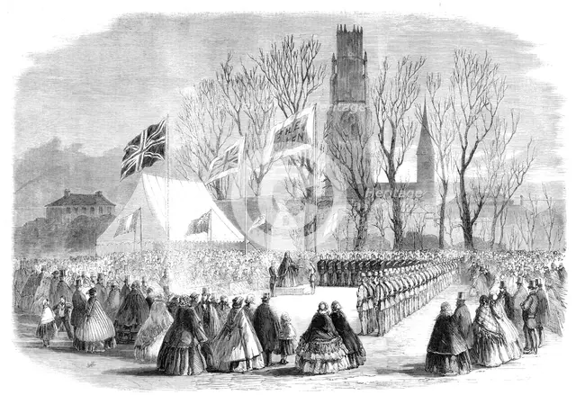 Presentation of a silver trumpet to the Artillery Corps and a silver bugle to the Rifle..., 1860. Creator: Unknown.