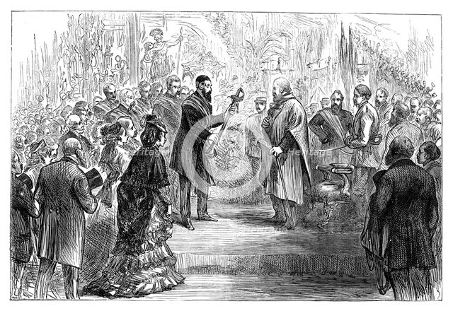 Presentation of a sword to Giuseppe Garibaldi at the Crystal Palace, 1864 (late 19th century). Artist: Unknown
