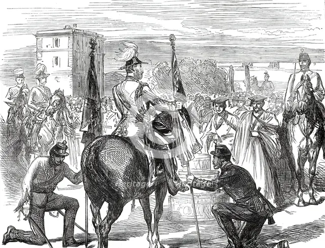 Presentation of Colours to the 98th Regiment by the Prince of Wales at Malta, 1876. Creator: Unknown.