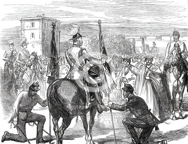 Presentation of Colours to the 98th Regiment by the Prince of Wales at Malta, 1876. Creator: Unknown.