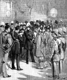 Presentation of Long Service Medals to volunteers, London Scottish Drill Hall, Westminster, 1895. Creator: Unknown
