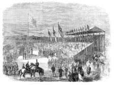 Presentation of the prizes by the Duke of Cambridge in front of the grand stand, 1861. Creator: Unknown
