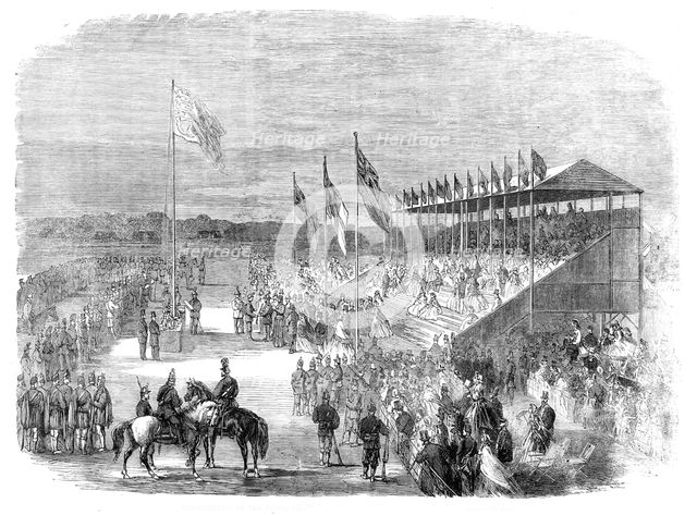 Presentation of the prizes by the Duke of Cambridge in front of the grand stand, 1861. Creator: Unknown.