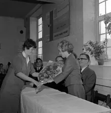 Presentation to a female worker at the ICI Detonator works, Denaby Main, South Yorkshire, 1962. Creator: Michael Walters