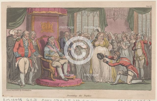 Presenting the Trophies, from "The Military Adventures of Johnny Newcome", 1815., 1815. Creator: Thomas Rowlandson.