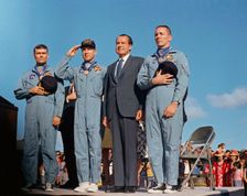 President Nixon and Apollo 13 crewmen at Hickam Air Force Base, Hawaii, USA, 18 April 1970 Creator: NASA