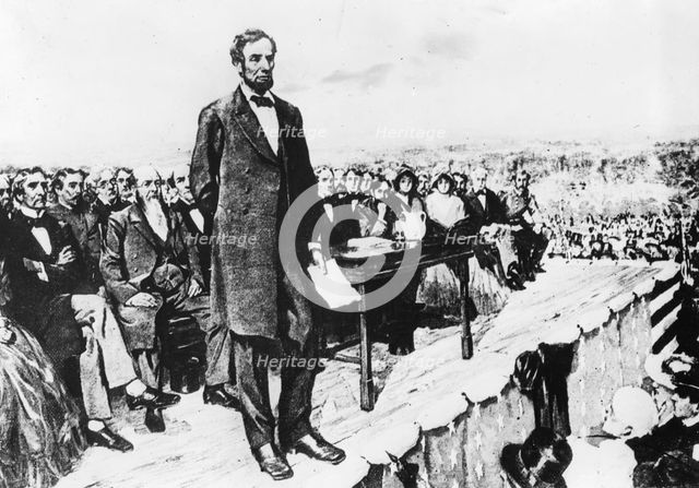 President Abraham Lincoln delivering his Gettysburg Address, 1863. Creator: Unknown.