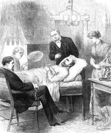 President Garfield lying wounded in his room at the White House, Washington, 1881. Creator: Unknown