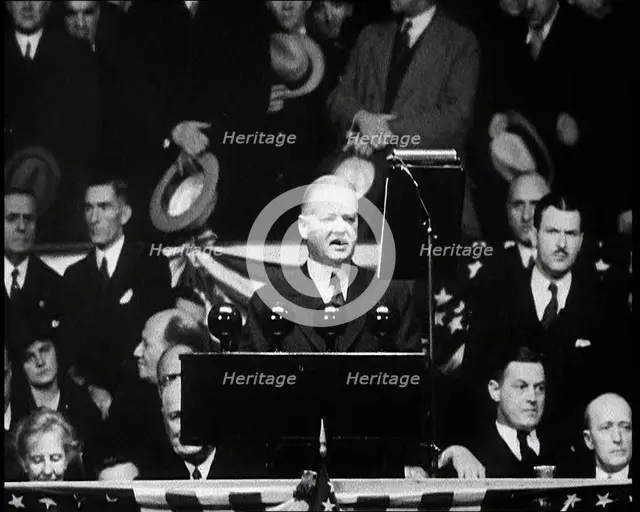 President Herbert Hoover Addressing Masses of His Supporters in a Large Conference Centre, 1932. Creator: British Pathe Ltd.