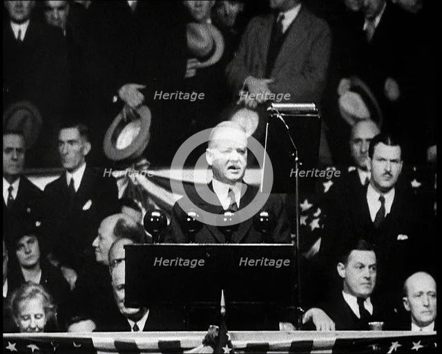 President Herbert Hoover Addressing Masses of His Supporters in a Large Conference Centre, 1932. Creator: British Pathe Ltd.