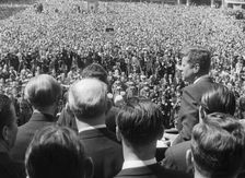 President John F. Kennedy (1917-1963) giving a speech outside Bonn town hall, Bonn, Germany, 1963. Creator: Unknown