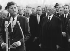 President Kennedy giving a speech at Cologne airport, Germany, 1963. Creator: Unknown