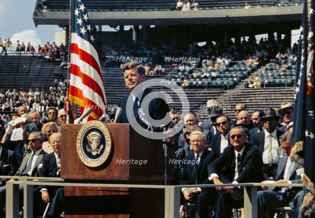 President Kennedy makes his 'We choose to go to the Moon' speech, Rice University, 1962. Creator: NASA.
