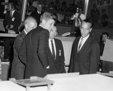 President Kennedy tours Mercury Control Center, Cape Canaveral, Florida, USA, 1962. Creator: NASA