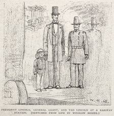 President Lincoln, General Grant, and Tad Lincoln at a Railway Station, 1887. Creator: Winslow Homer (American, 1836-1910)