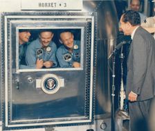 [President Richard M. Nixon Welcomes the Apollo 11 Astronauts Aboard Recovery Ship USS Hor..., 1969. Creator: NASA