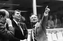 President Ronald Reagan at mission control, Houston, Texas, USA, November 13, 1981. Creator: NASA