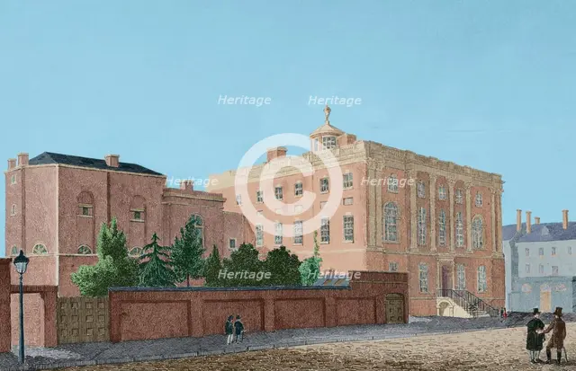 President's House viewed from the southeast, with 1806-1807 Medical Departament...1837 (1850). Creator: Traversier.