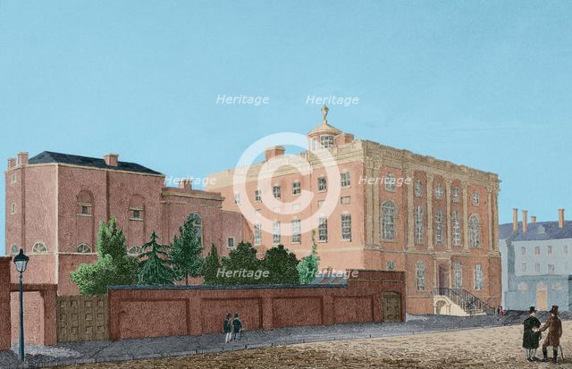 President's House viewed from the southeast, with 1806-1807 Medical Departament...1837 (1850). Creator: Traversier.