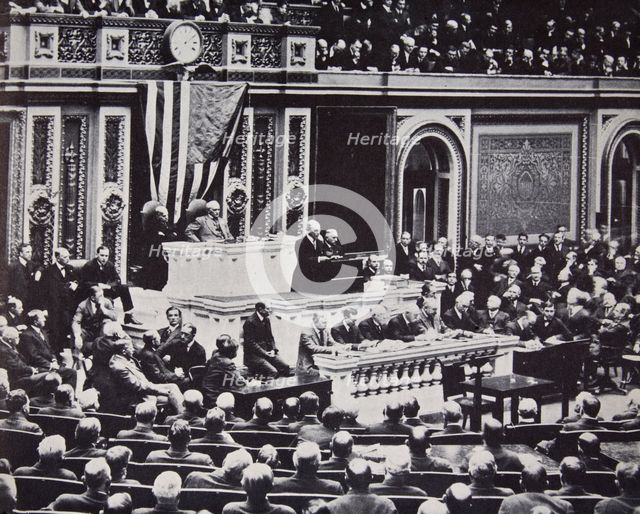 President Wilson in Congress recommending the US enter the war against Germany, 1917. Artist: Unknown