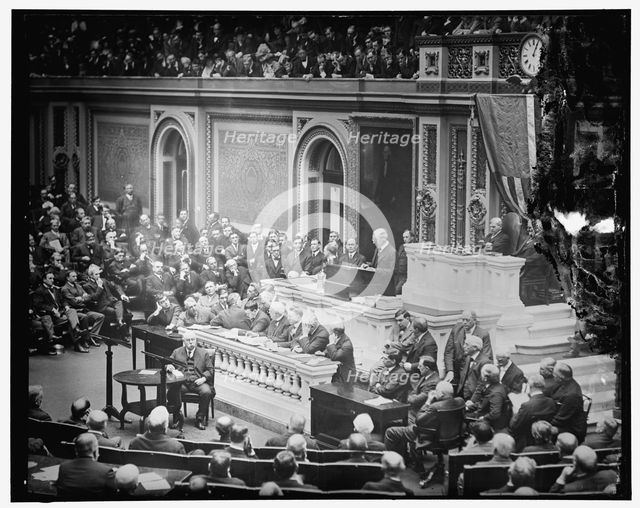 President Woodrow Wilson addressing Joint Session of Congress, between 1910 and 1920. Creator: Harris & Ewing.