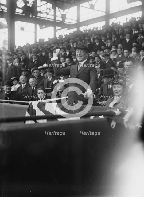 President Woodrow Wilson and wife Ellen Axson Wilson, Mrs. Willoughby S Chesley, Baseball, 1917. Creator: Harris & Ewing.