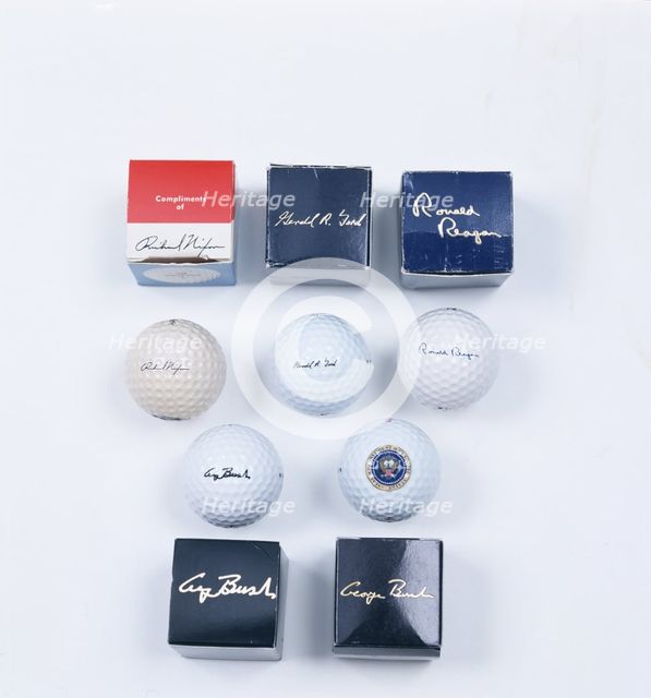Presidential golf balls and boxes, 1970-92. Creator: Unknown.