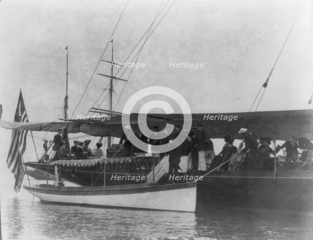 Presidential yacht at Oyster Bay, L.I., 1905: guests boarding from launch, 1905. Creator: Frances Benjamin Johnston.