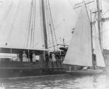 Presidential yacht at Oyster Bay, L.I., 1905: guests standing amid ships, 1905. Creator: Frances Benjamin Johnston