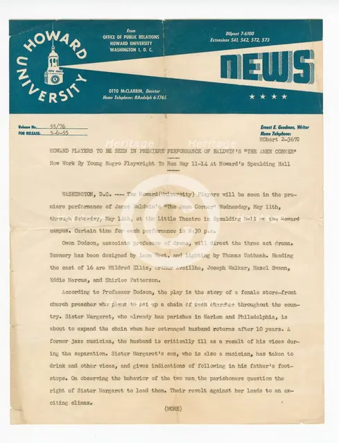 Press release from Howard University for the premiere of "The Amen Corner", May 6, 1955. Creator: Unknown.