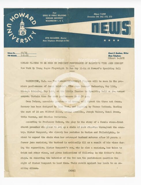 Press release from Howard University for the premiere of "The Amen Corner", May 6, 1955. Creator: Unknown.