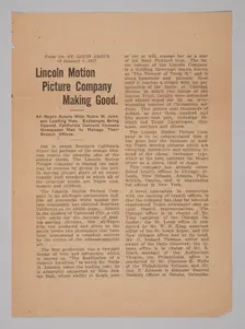 Press Release from the Lincoln Motion Picture Company, January 5, 1917. Creator: Unknown
