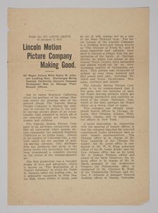 Press Release from the Lincoln Motion Picture Company, January 5, 1917. Creator: Unknown